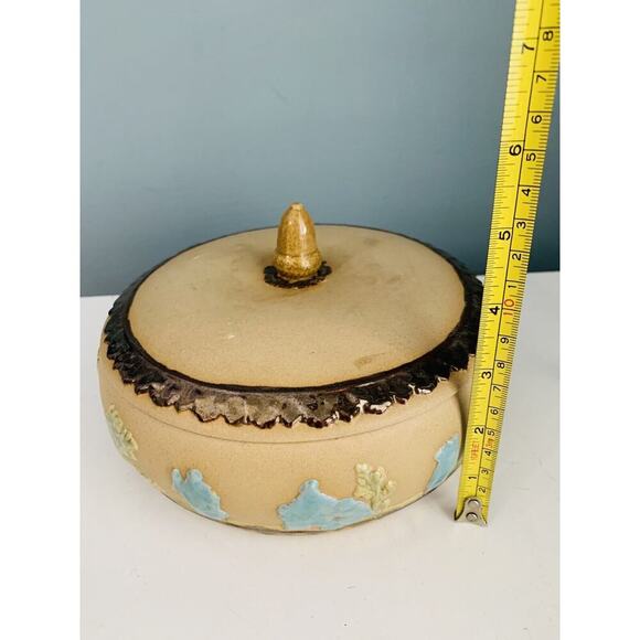 Arnel’s Signed Blue Teal Green Tan Lidded Ceramic Dish Trinket Box Home Decor - Picture 6 of 14